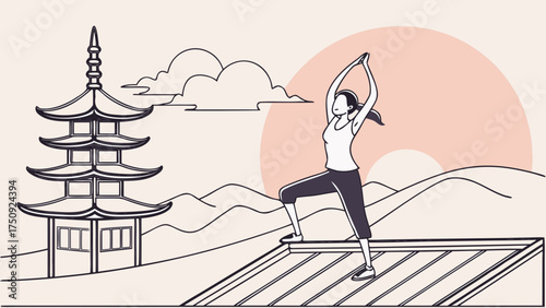 Sunrise Yoga Performance by Woman on Temple Rooftop in Serene Landscape