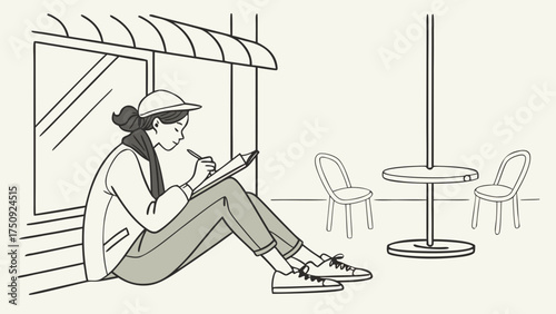 Woman Sketching in a Café, Creative Space, Illustration, Urban Environment, Relaxed Viewpoint