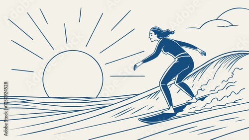 Surfing Woman at Sunrise, Ocean Waves, Coastal Lifestyle, Graphic Illustration, Calm Morning, Side View, Inspiration