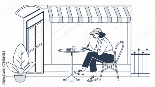 Woman Writing in Café, Urban Setting, Illustration, Creative Environment, Outdoor Viewpoint, Relaxed Concept