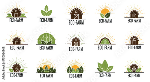 Eco Farm Logo Collection Barns and Green Leaves.