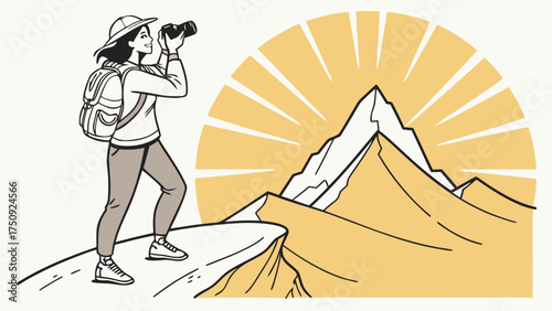 Adventure Hiking, Woman, Mountain Peak, Illustration, Sunrise, Scenic Viewpoint, Nature Exploration