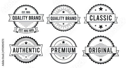 Set of vintage quality brand badges and labels with ribbons.