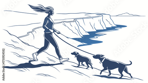 Woman Walking Two Dogs Along Coastal Cliff in Breezy Landscape Illustration
