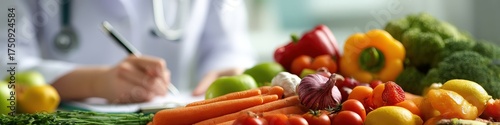 Fresh vegetables on a table with a blurred dietitian or doctor in a white coat writing in the background