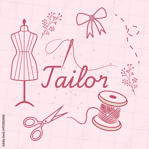 A pink-themed illustration featuring a dressmaker's mannequin, sewing scissors, a spool of thread, and decorative elements like flowers and a bow. Perfect for fashion and sewing-related projects.
