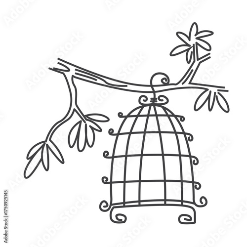 doodle vector illustration of a bird cage hanging on a tree