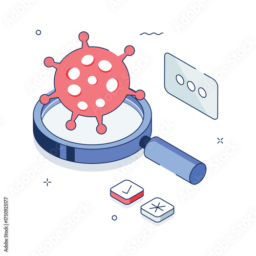 Isometric virus magnifier showing disease detection and healthcare research illustration