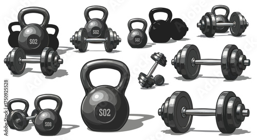 Collection of Kettlebells and Dumbbells for Strength Training and Fitness.