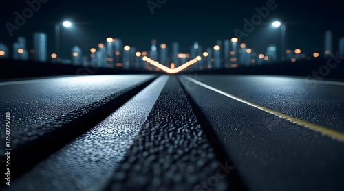 Toy Model Asphalt Highway at Night with Silhouetted City Background
