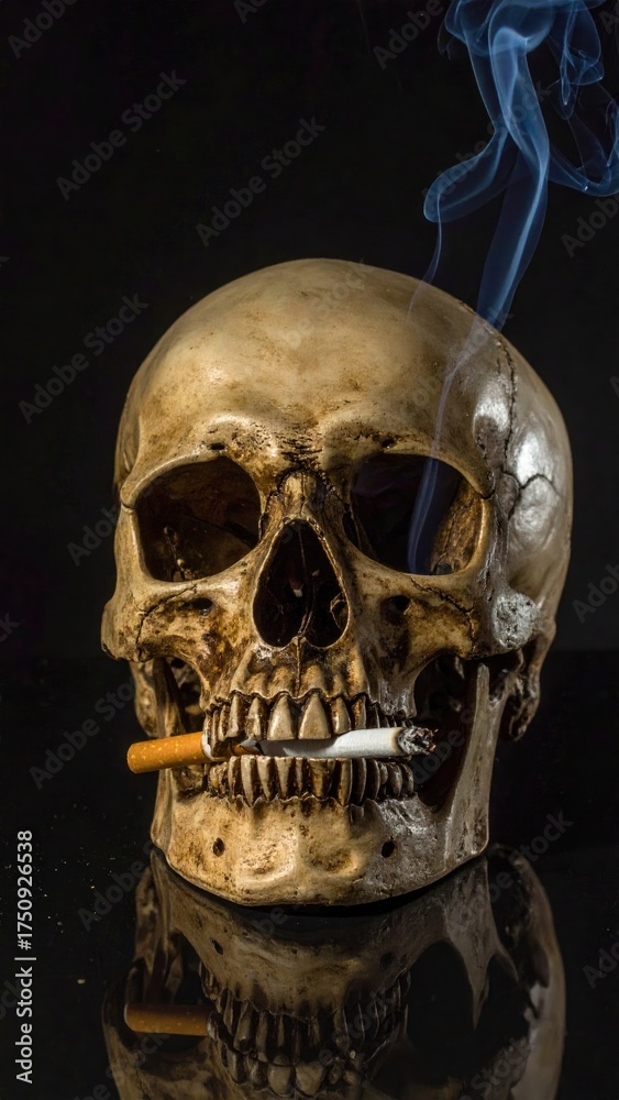 Naklejka premium Skull Smoking Cigarette Dark Background Still Life