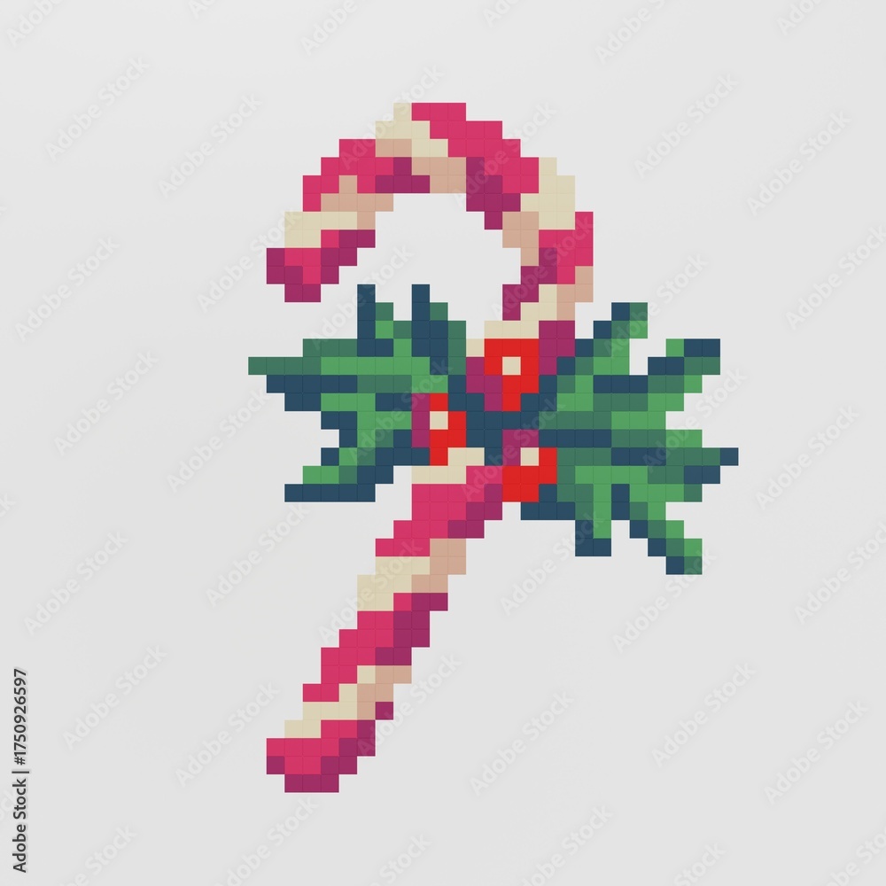 Fototapeta premium A Christmas lollipop with a sprig of holly and berries in pixel art style. A game concept for a website and video games in a retro style. 3D rendering. 