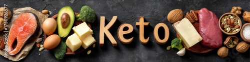 Keto Diet Food Set: Meat, Salmon, Cheese, Eggs, Avocado, Nuts, and Seeds