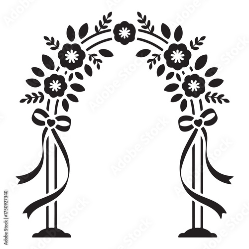 Black silhouette of a floral wedding arch with ribbons isolated on white background