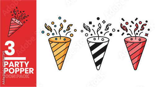 Colorful Party Popper Icon Pack with Confetti and Explosion Effects for Celebration Graphics