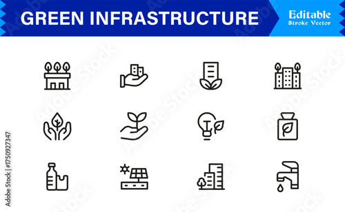 Essential Green Infrastructure Line Icon Set – Professional Minimal Vector Icons Featuring Modern Editable Pixel-Perfect Designs for Sustainable Urban Development and Ecology