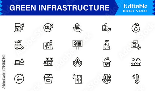 Essential Green Infrastructure Line Icon Set – Professional Minimal Vector Icons Featuring Modern Editable Pixel-Perfect Designs for Sustainable Urban Development and Ecology