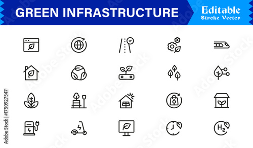 Essential Green Infrastructure Line Icon Set – Professional Minimal Vector Icons Featuring Modern Editable Pixel-Perfect Designs for Sustainable Urban Development and Ecology