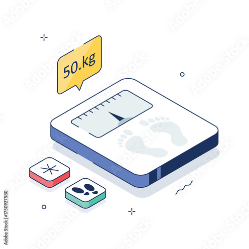 Isometric body weight scale with health data indicators, ready to use illustration