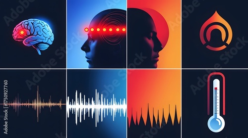 Flat Vector Icons Showing Brain Alert, Vision Blur, Sound Fade, and Temperature Drop
