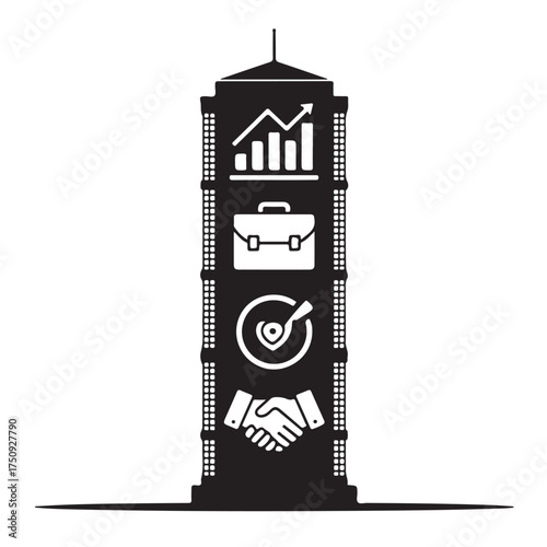 Black silhouette of a skyscraper with business icons growth chart, briefcase, target, and handshake, isolated on white background
