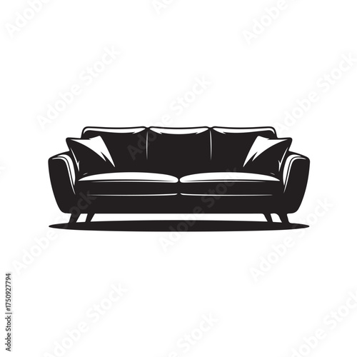 Black silhouette of a modern threeseater sofa with cushions, isolated on white background