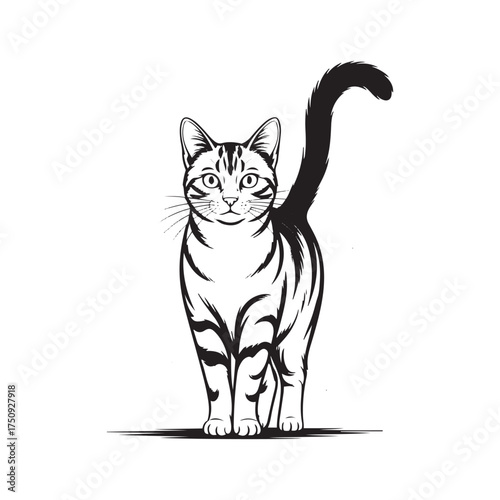 
Cute cartoon cat standing upright, simple black and white line art, detailed stripes, raised tail, minimalistic outline illustration with a friendly expression