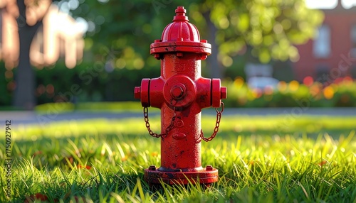 Red Fire Hydrant Stands Centered in Lush Green Grass with Soft Sunlight Filtering Through Trees Creating a Peaceful Outdoor Scene