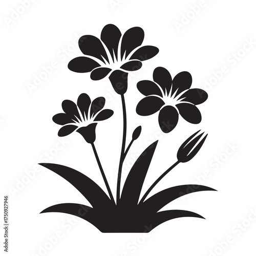 Black silhouette of blooming flowers with leaves and buds, isolated on white background