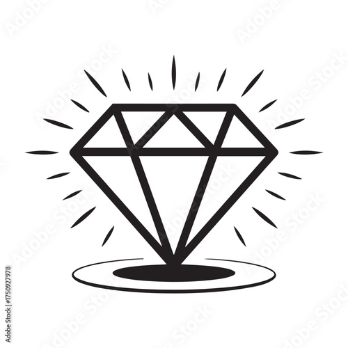 Simple black and white line art of a shining diamond, geometric outline style, minimal design with light rays, elegant and clean illustration.