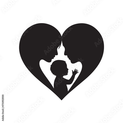 Black silhouette of parents and baby forming a heart shape isolated on white background
