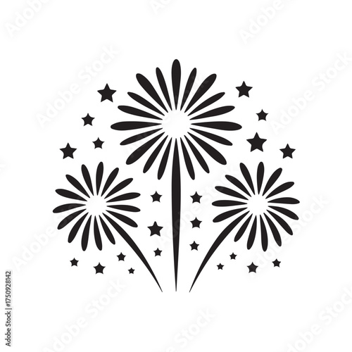 Black silhouette of fireworks exploding with stars isolated on white background