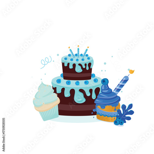 Birthday cake and cupcakes with candles. Blue vector illustration. Festive vibe, good mood, and tenderness. Cartoon style illustration. Vector illustration for cards, posters, and holiday invitations.