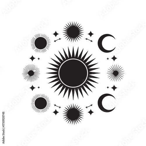 Celestial sun and moon icons arranged in a circle isolated on white background