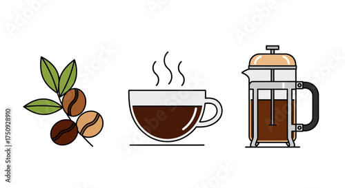 Enjoy freshly brewed aromatic coffee with this delightful illustration of beans, a steaming cup, and a French press ready for a morning pick-me-up