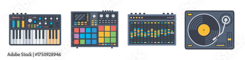 Colorful digital music equipment icons including a keyboard, drum pad controller, audio mixer, and turntable for music production and djing.
