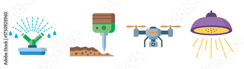 Collection of colorful agricultural technology icons including a sprinkler, soil sensor, drone, and grow light.