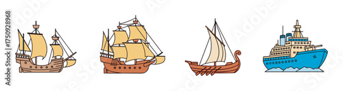 Four distinct sailboats and ships with different designs, including traditional and modern styles, depicted in a colorful line art style.