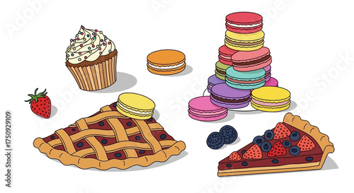 Delicious desserts spread with cupcake, pie, macarons, and berries invites you to a sweet treat, perfect for bakery menus or dessert promotions