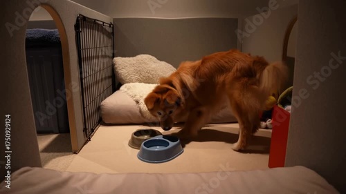 A dog is guided to its private suite with a comfy bed and personal toys in a pet hotel, conveying a sense of familiar comfort and security.
