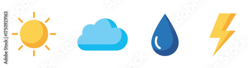 Four colorful weather icons depicting a sun, cloud, raindrop, and lightning bolt, each representing different meteorological elements.
