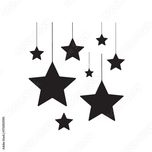 Collection of black stars hanging on strings, isolated on white background