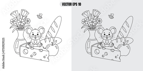 Charming cartoon mouse sitting on cheese 