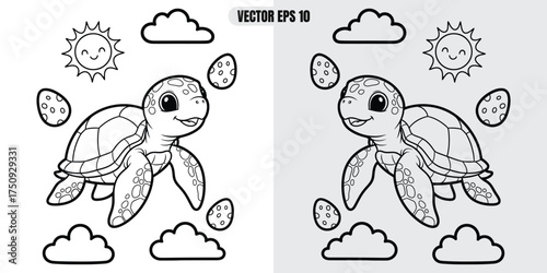  Adorable cartoon sea turtle swimming among clouds