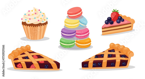 Delightful sweets selection including cupcake, macaroons, and fruit pies bring joy to your designs with vibrant colors and delicious treats, perfect for any project
