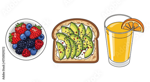 Bright and cheerful breakfast spread featuring a refreshing juice, avocado toast, and a colorful bowl of fresh berries for a healthy start to the day