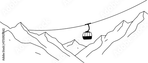 Mountainous landscape with cable car: minimalist black line art
