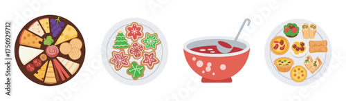 Four plates featuring a cheese platter, assorted christmas cookies, a bowl of soup with a ladle, and an array of mexican dishes.