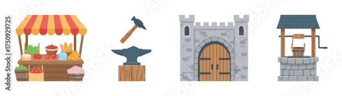 Colorful medieval marketplace elements including a fruit stall with striped awning, hammer and anvil, stone castle gate, and a wooden well.