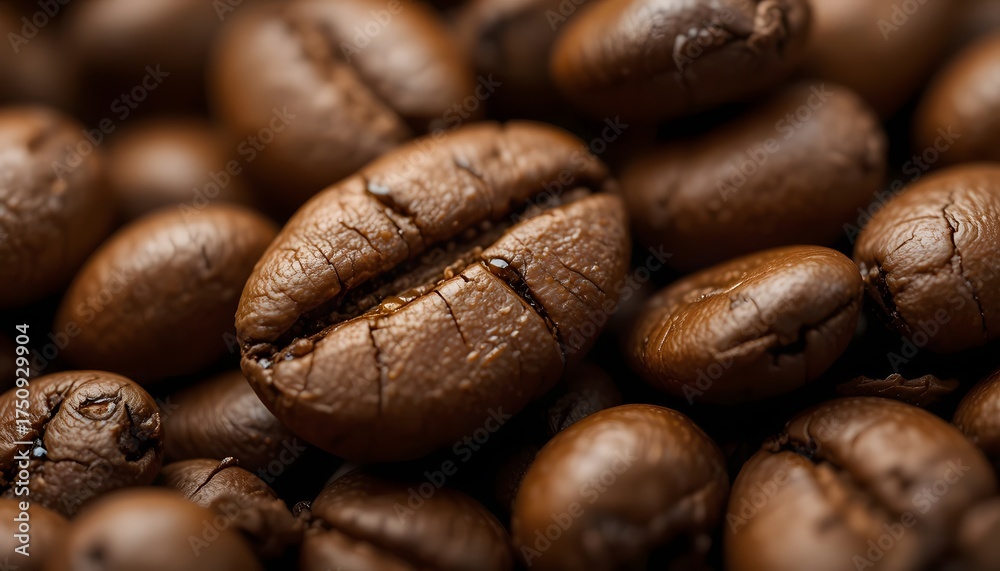 Naklejka premium Close-up view of roasted coffee beans, showcasing textures and rich brown tones